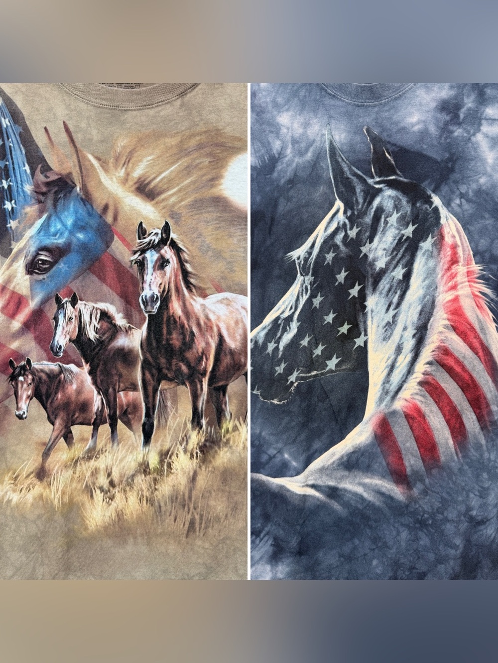 The Mountain T-shirt LOT OF 2 Adult Large 2012 Patriotic Flag Horses Tie-Dye